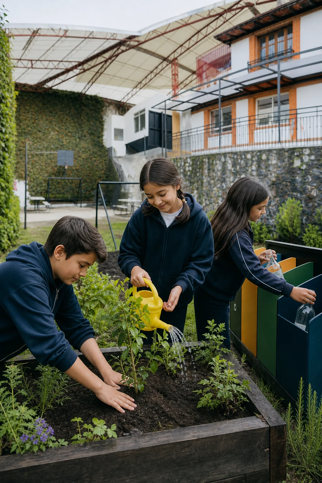 Estudiantes cuidando un huerto y separando materiales reciclables