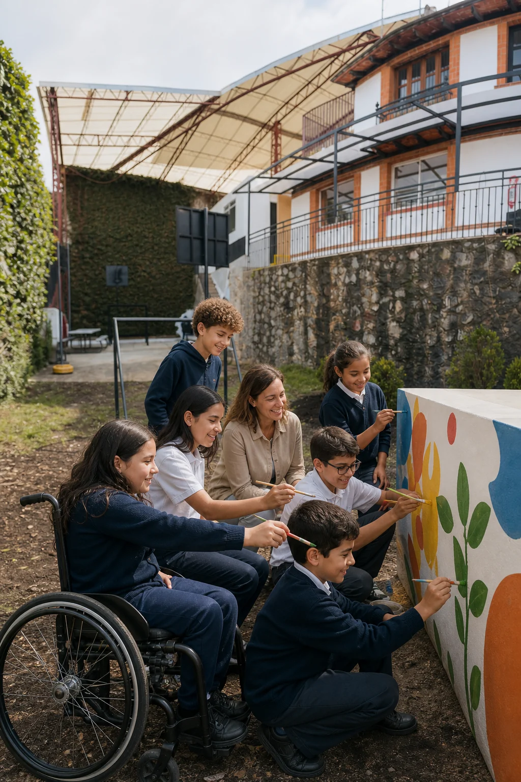 Comunidad escolar inclusiva colaborando en un proyecto artístico